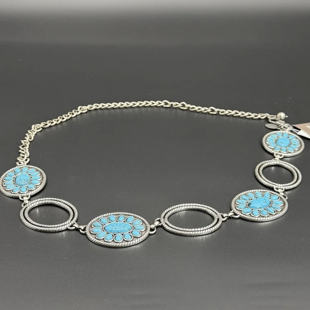 Chico's Women Belt Sm/Md Turquoise Stone Silver Medallion Southwestern Style NWT